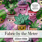 Cute Kawaii Indoor Plants Blush Pink Background Seamless Pattern Digital Print Fabric by the Metre UK Sewing Quilting Textile