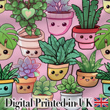 Cute Kawaii Indoor Plants Blush Pink Background Seamless Pattern Digital Print Fabric by the Metre UK Sewing Quilting Textile