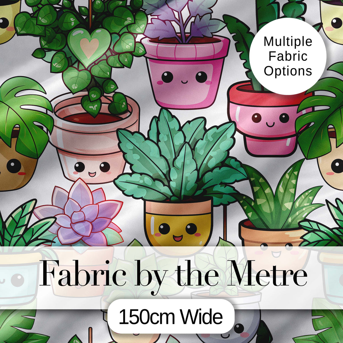 Cute Kawaii Indoor Plants Light Grey Background Seamless Pattern Digital Print Fabric by the Metre UK Sewing Quilting Textile