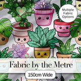Cute Kawaii Indoor Plants Light Grey Background Seamless Pattern Digital Print Fabric by the Metre UK Sewing Quilting Textile