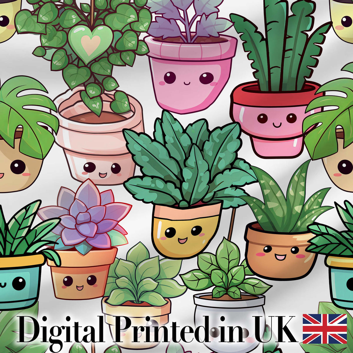 Cute Kawaii Indoor Plants Light Grey Background Seamless Pattern Digital Print Fabric by the Metre UK Sewing Quilting Textile