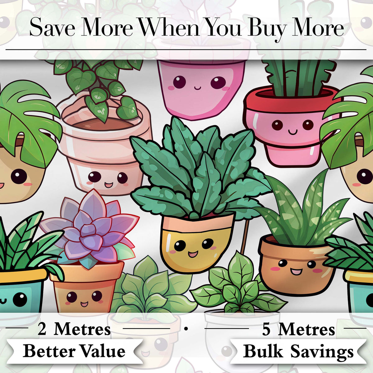 Cute Kawaii Indoor Plants Light Grey Background Seamless Pattern Digital Print Fabric by the Metre UK Sewing Quilting Textile
