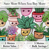 Cute Kawaii Indoor Plants Light Grey Background Seamless Pattern Digital Print Fabric by the Metre UK Sewing Quilting Textile