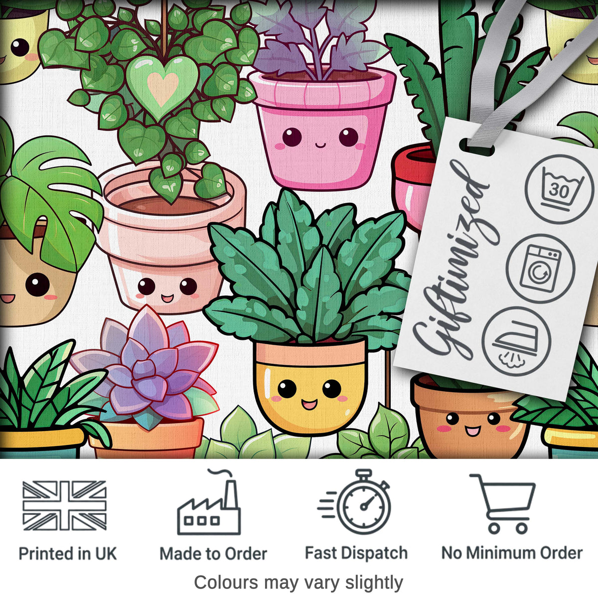 Cute Kawaii Indoor Plants Light Grey Background Seamless Pattern Digital Print Fabric by the Metre UK Sewing Quilting Textile