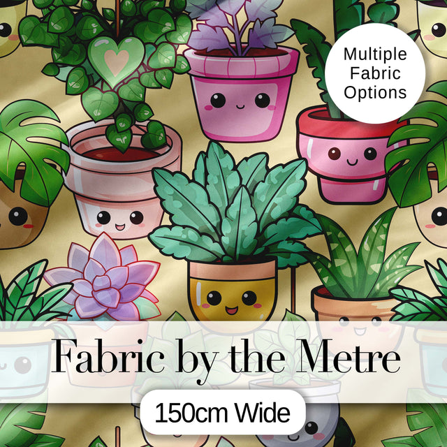 Cute Kawaii Indoor Plants Warm Yellow Background Seamless Pattern Digital Print Fabric by the Metre UK Sewing Quilting Textile