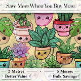 Cute Kawaii Indoor Plants Warm Yellow Background Seamless Pattern Digital Print Fabric by the Metre UK Sewing Quilting Textile