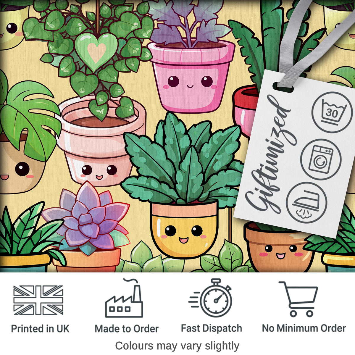 Cute Kawaii Indoor Plants Warm Yellow Background Seamless Pattern Digital Print Fabric by the Metre UK Sewing Quilting Textile