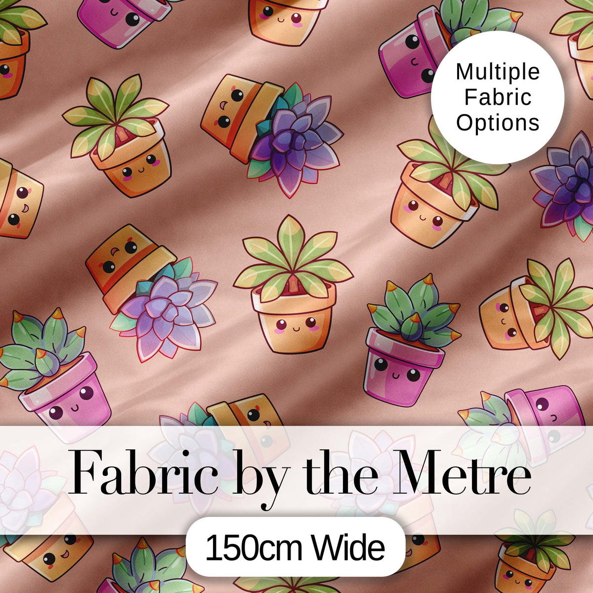 Cute Kawaii Succulent Plants Peach Background Seamless Pattern Digital Print Fabric by the Metre UK Sewing Quilting Textile