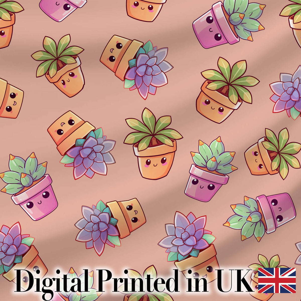 Cute Kawaii Succulent Plants Peach Background Seamless Pattern Digital Print Fabric by the Metre UK Sewing Quilting Textile