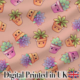 Cute Kawaii Succulent Plants Peach Background Seamless Pattern Digital Print Fabric by the Metre UK Sewing Quilting Textile