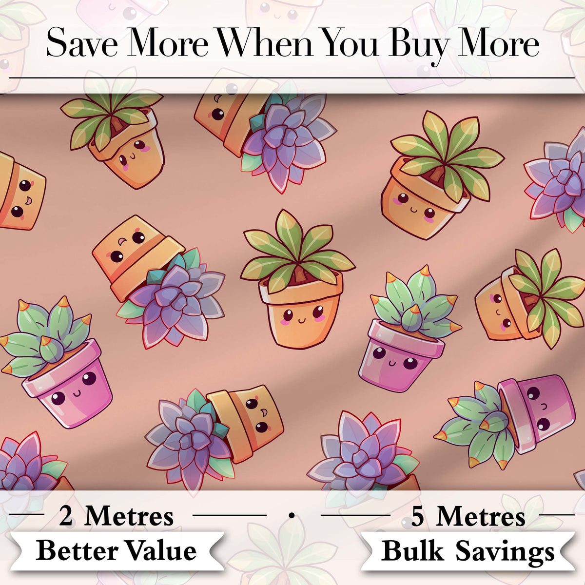 Cute Kawaii Succulent Plants Peach Background Seamless Pattern Digital Print Fabric by the Metre UK Sewing Quilting Textile