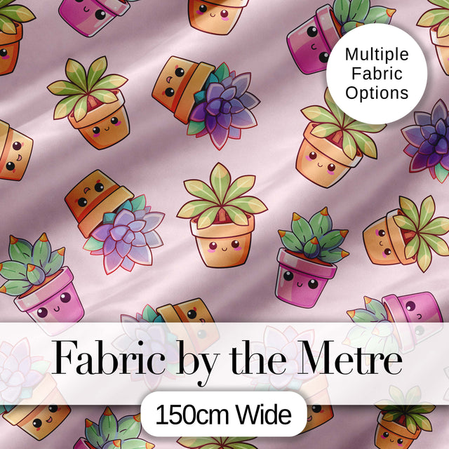 Cute Kawaii Succulent Plants Dusty Pink Background Seamless Pattern Digital Print Fabric by the Metre UK Sewing Quilting Textile