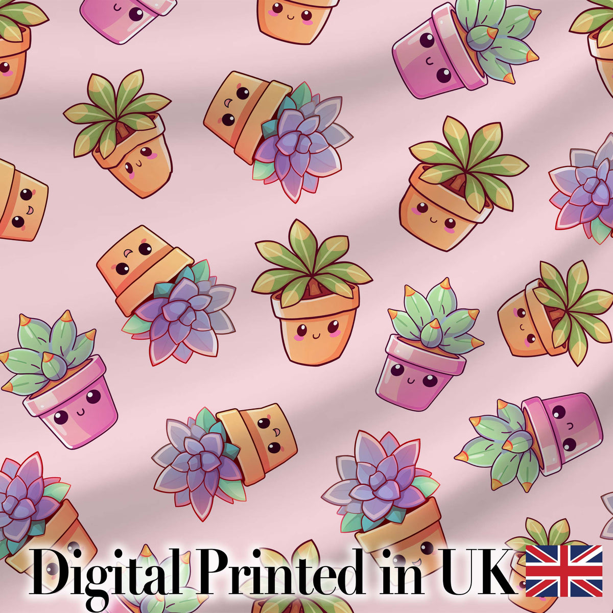 Cute Kawaii Succulent Plants Dusty Pink Background Seamless Pattern Digital Print Fabric by the Metre UK Sewing Quilting Textile