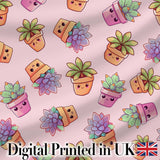 Cute Kawaii Succulent Plants Dusty Pink Background Seamless Pattern Digital Print Fabric by the Metre UK Sewing Quilting Textile