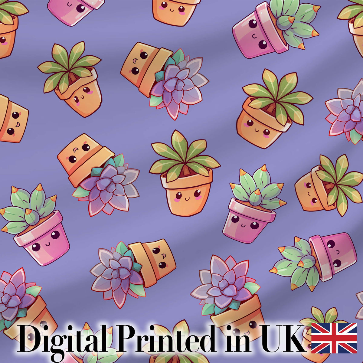 Cute Kawaii Succulent Plants Lavender Background Seamless Pattern Digital Print Fabric by the Metre UK Sewing Quilting Textile