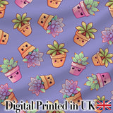 Cute Kawaii Succulent Plants Lavender Background Seamless Pattern Digital Print Fabric by the Metre UK Sewing Quilting Textile