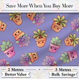 Cute Kawaii Succulent Plants Lavender Background Seamless Pattern Digital Print Fabric by the Metre UK Sewing Quilting Textile