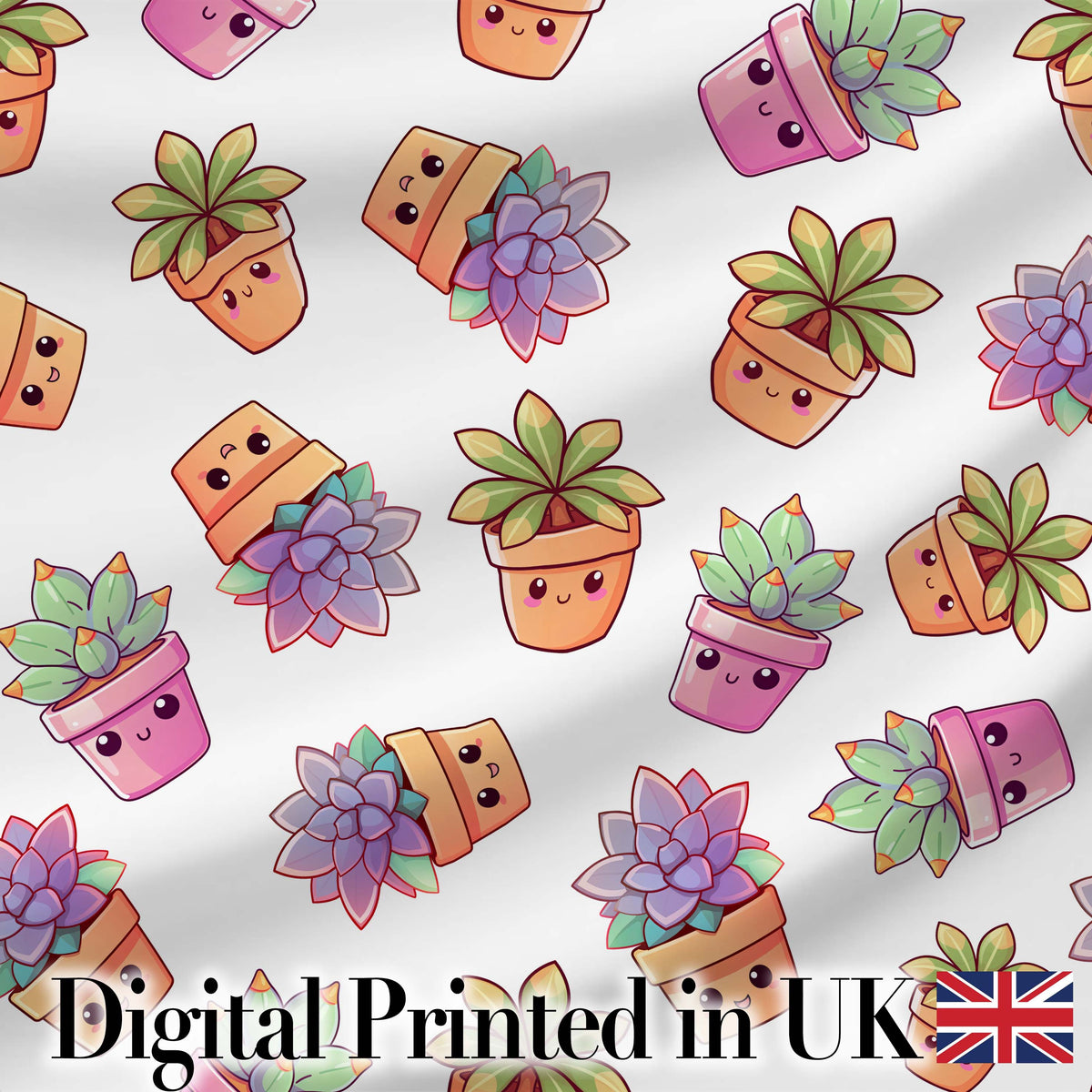 Cute Kawaii Succulent Plants Light Grey Background Seamless Pattern Digital Print Fabric by the Metre UK Sewing Quilting Textile