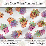 Cute Kawaii Succulent Plants Light Grey Background Seamless Pattern Digital Print Fabric by the Metre UK Sewing Quilting Textile