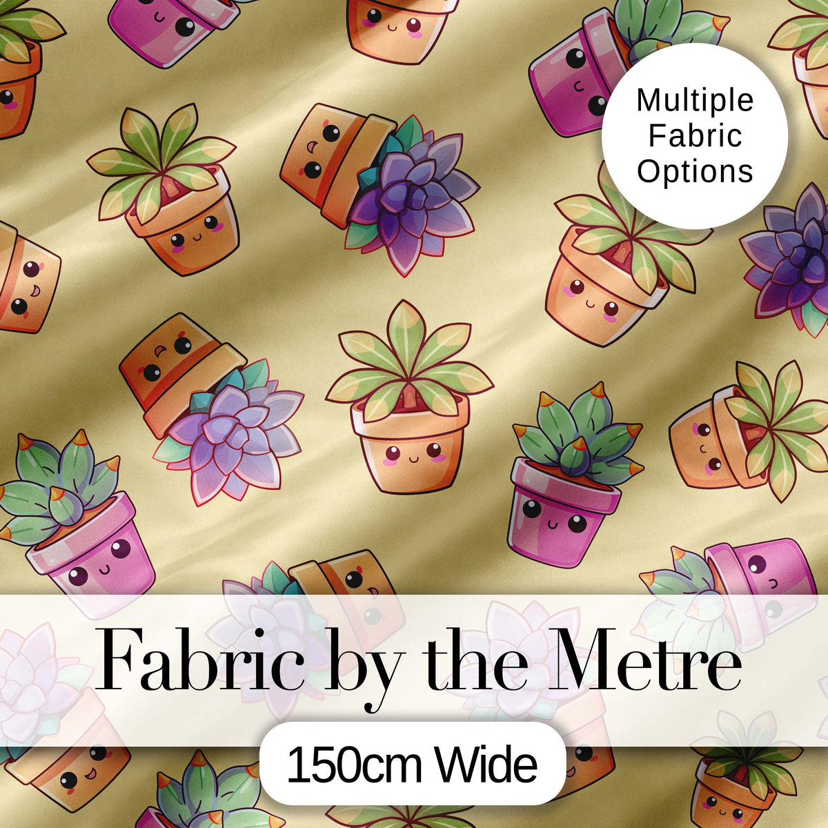 Cute Kawaii Succulent Plants Warm Beige Background Seamless Pattern Digital Print Fabric by the Metre UK Sewing Quilting Textile