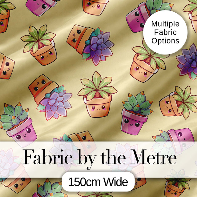 Cute Kawaii Succulent Plants Warm Beige Background Seamless Pattern Digital Print Fabric by the Metre UK Sewing Quilting Textile
