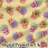 Cute Kawaii Succulent Plants Warm Beige Background Seamless Pattern Digital Print Fabric by the Metre UK Sewing Quilting Textile