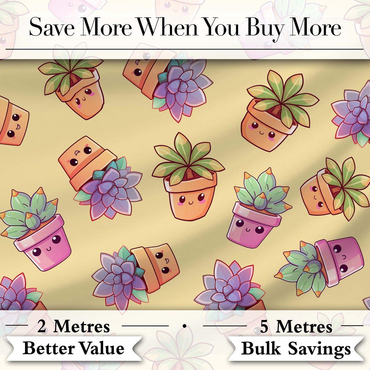 Cute Kawaii Succulent Plants Warm Beige Background Seamless Pattern Digital Print Fabric by the Metre UK Sewing Quilting Textile