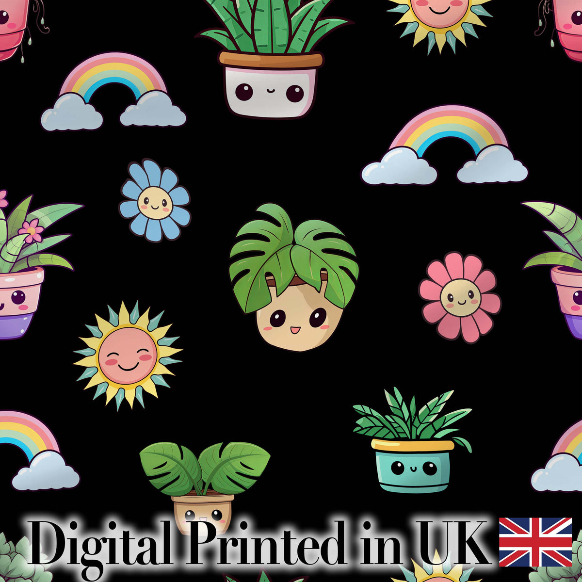 Cute Kawaii Plants Rainbows Smiling Sun Black Background Seamless Pattern Digital Print Fabric by the Metre UK Sewing Quilting Textile