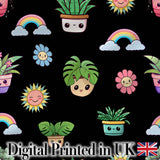 Cute Kawaii Plants Rainbows Smiling Sun Black Background Seamless Pattern Digital Print Fabric by the Metre UK Sewing Quilting Textile