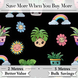 Cute Kawaii Plants Rainbows Smiling Sun Black Background Seamless Pattern Digital Print Fabric by the Metre UK Sewing Quilting Textile