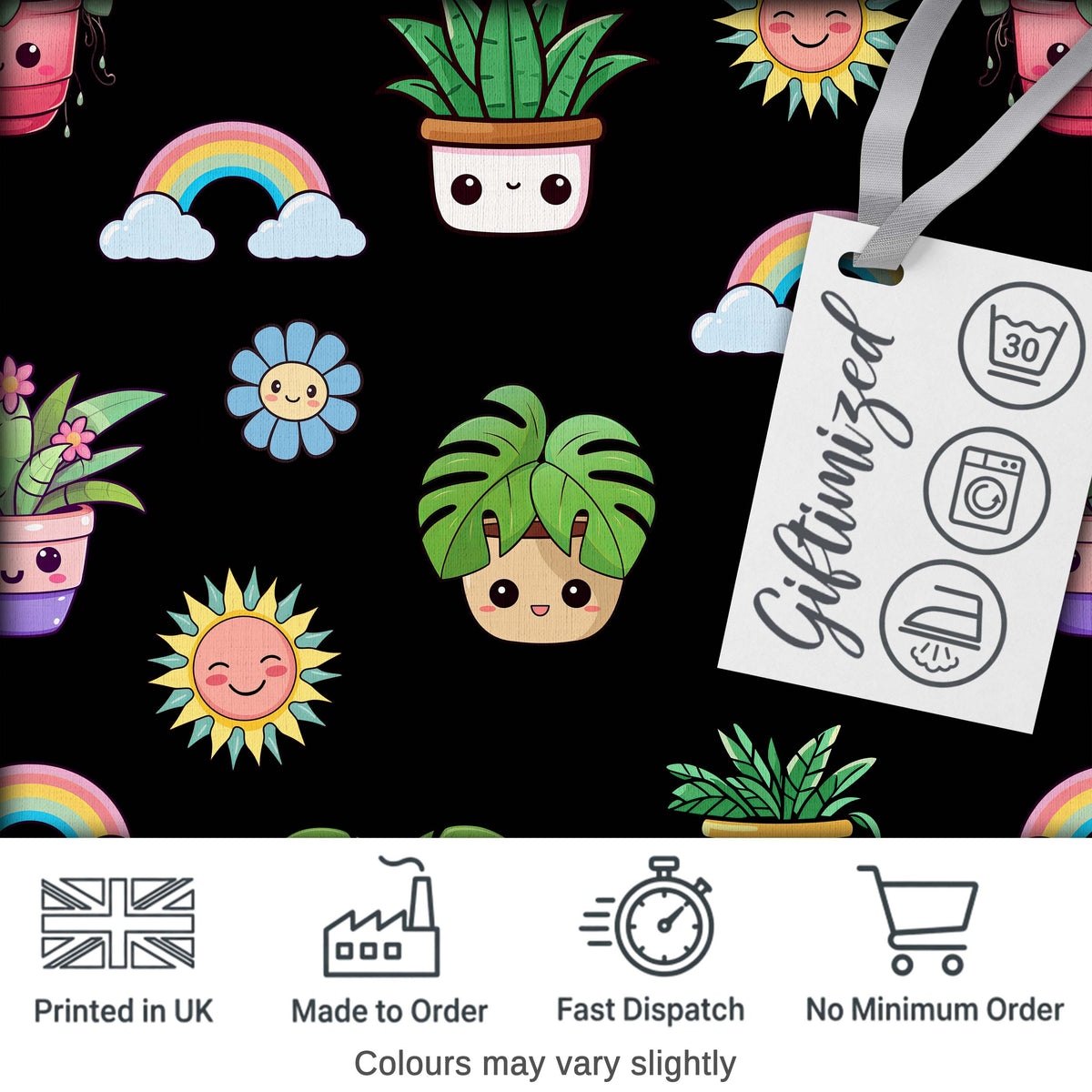 Cute Kawaii Plants Rainbows Smiling Sun Black Background Seamless Pattern Digital Print Fabric by the Metre UK Sewing Quilting Textile
