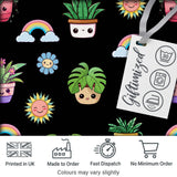 Cute Kawaii Plants Rainbows Smiling Sun Black Background Seamless Pattern Digital Print Fabric by the Metre UK Sewing Quilting Textile