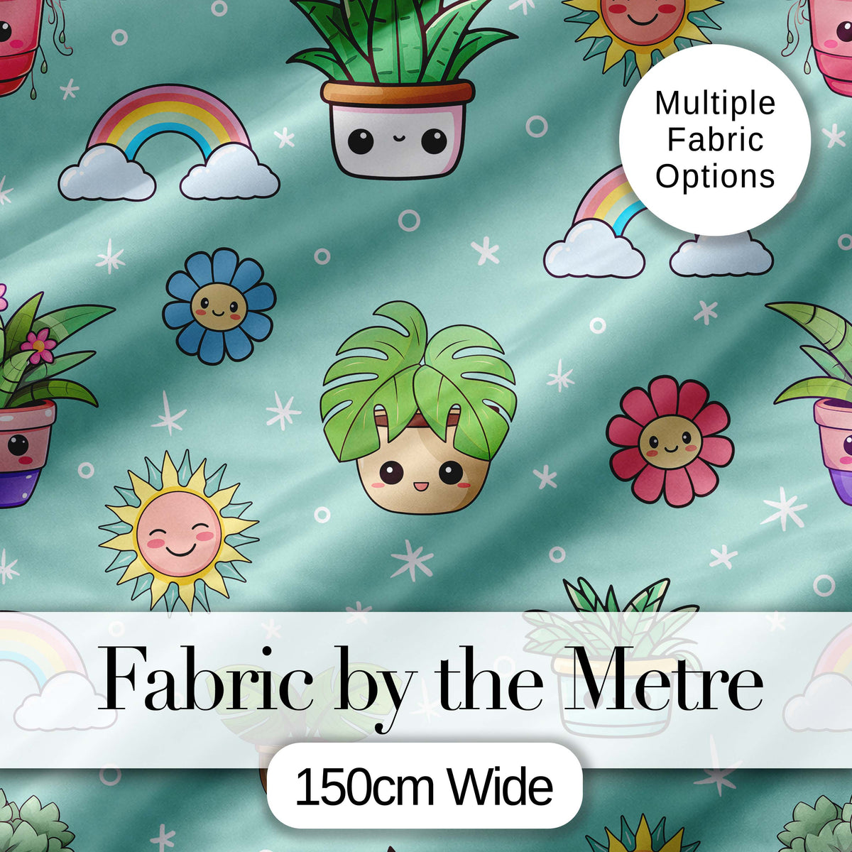 Cute Kawaii Plants Rainbows Smiling Sun Mint Background Seamless Pattern Digital Print Fabric by the Metre UK Sewing Quilting Textile