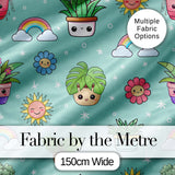Cute Kawaii Plants Rainbows Smiling Sun Mint Background Seamless Pattern Digital Print Fabric by the Metre UK Sewing Quilting Textile