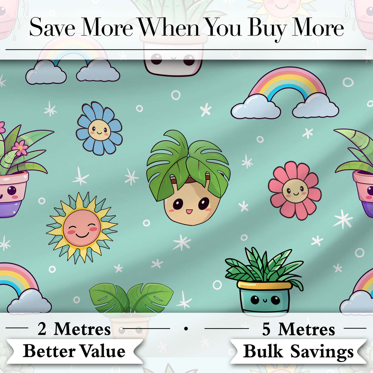 Cute Kawaii Plants Rainbows Smiling Sun Mint Background Seamless Pattern Digital Print Fabric by the Metre UK Sewing Quilting Textile