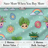 Cute Kawaii Plants Rainbows Smiling Sun Mint Background Seamless Pattern Digital Print Fabric by the Metre UK Sewing Quilting Textile