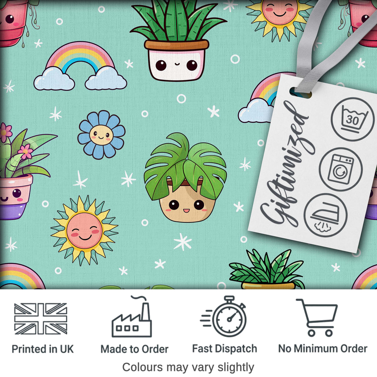 Cute Kawaii Plants Rainbows Smiling Sun Mint Background Seamless Pattern Digital Print Fabric by the Metre UK Sewing Quilting Textile