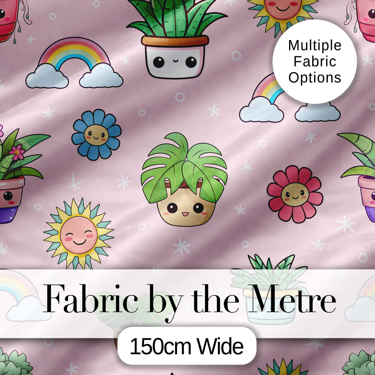 Cute Kawaii Plants Rainbows Smiling Sun Soft Pink Background Seamless Pattern Digital Print Fabric by the Metre UK Sewing Quilting Textile