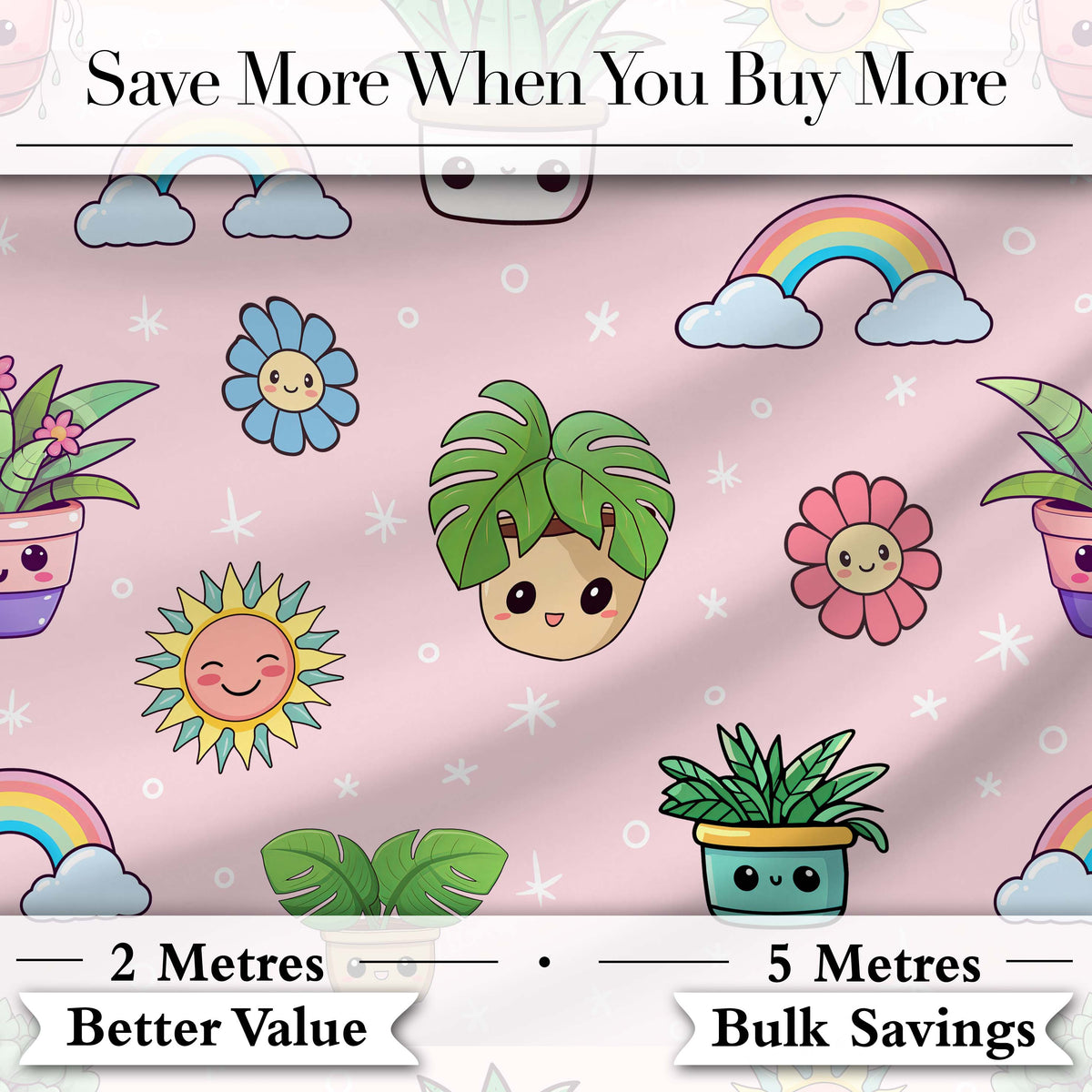 Cute Kawaii Plants Rainbows Smiling Sun Soft Pink Background Seamless Pattern Digital Print Fabric by the Metre UK Sewing Quilting Textile