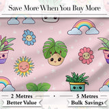 Cute Kawaii Plants Rainbows Smiling Sun Soft Pink Background Seamless Pattern Digital Print Fabric by the Metre UK Sewing Quilting Textile