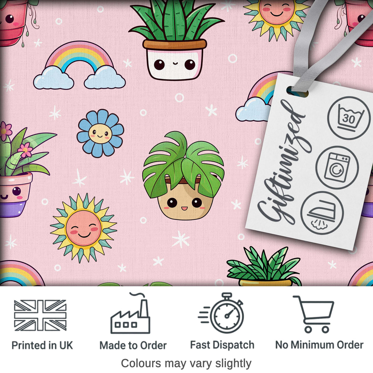 Cute Kawaii Plants Rainbows Smiling Sun Soft Pink Background Seamless Pattern Digital Print Fabric by the Metre UK Sewing Quilting Textile