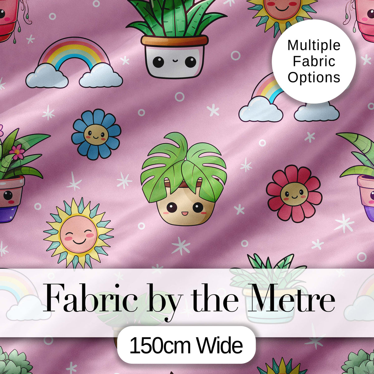 Cute Kawaii Plants Rainbows Smiling Sun Pink Background Seamless Pattern Digital Print Fabric by the Metre UK Sewing Quilting Textile