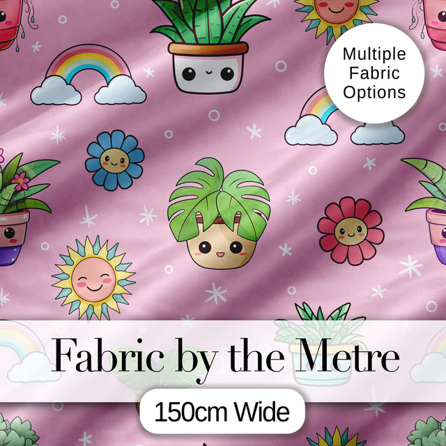 Cute Kawaii Plants Rainbows Smiling Sun Pink Background Seamless Pattern Digital Print Fabric by the Metre UK Sewing Quilting Textile