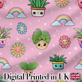 Cute Kawaii Plants Rainbows Smiling Sun Pink Background Seamless Pattern Digital Print Fabric by the Metre UK Sewing Quilting Textile