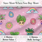 Cute Kawaii Plants Rainbows Smiling Sun Pink Background Seamless Pattern Digital Print Fabric by the Metre UK Sewing Quilting Textile