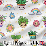 Cute Kawaii Plants Rainbows Smiling Sun Grey Background Seamless Pattern Digital Print Fabric by the Metre UK Sewing Quilting Textile