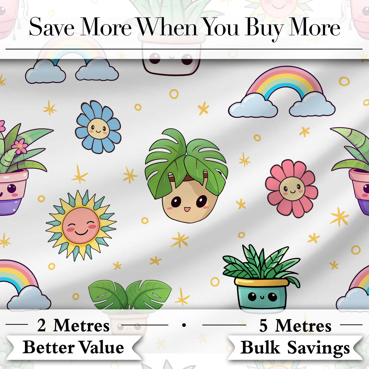 Cute Kawaii Plants Rainbows Smiling Sun Grey Background Seamless Pattern Digital Print Fabric by the Metre UK Sewing Quilting Textile