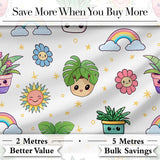 Cute Kawaii Plants Rainbows Smiling Sun Grey Background Seamless Pattern Digital Print Fabric by the Metre UK Sewing Quilting Textile