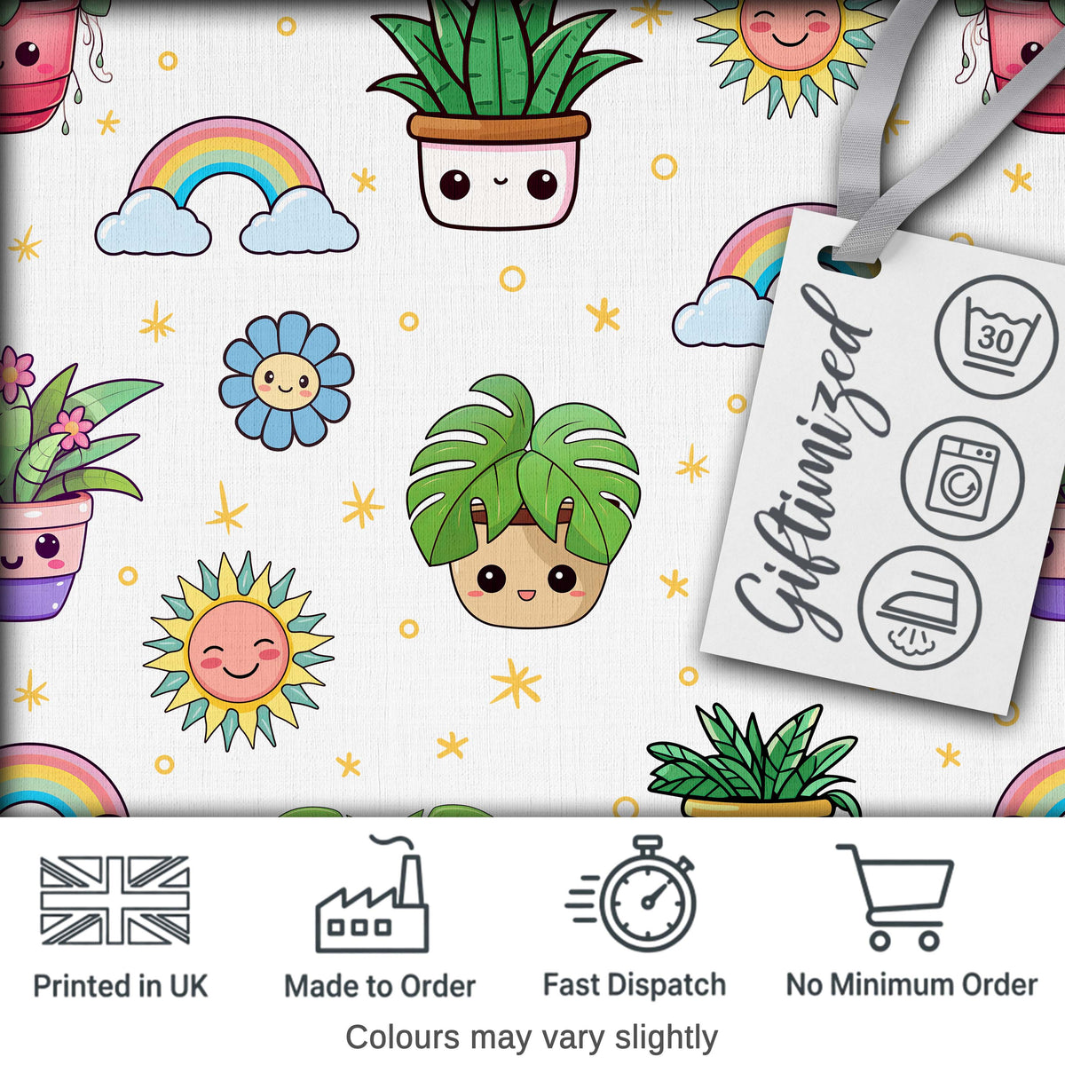 Cute Kawaii Plants Rainbows Smiling Sun Grey Background Seamless Pattern Digital Print Fabric by the Metre UK Sewing Quilting Textile
