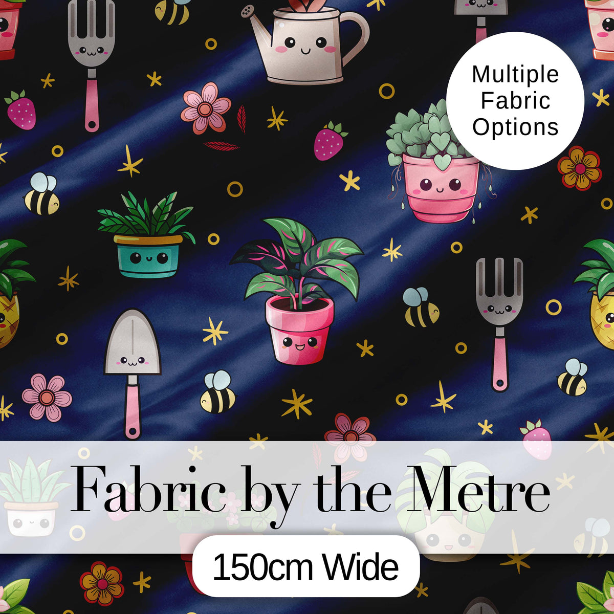 Cute Kawaii Garden Tools Bees Flowers Plants Navy Background Seamless Pattern Digital Print Fabric by the Metre UK Sewing Quilting Textile